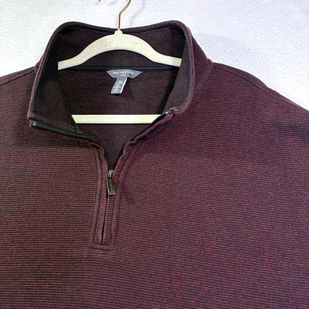 Van Heusen Flex Mens XXL Burgundy Black Ribbed Quarter Zip Pullover Sweater
